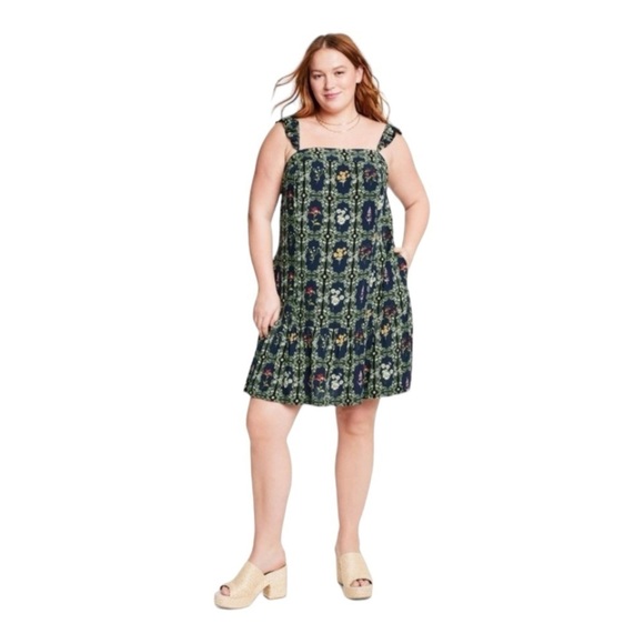 AGUA BENDITA x Target Navy Blue Green Floral Ruffle Sleeve Tiered Mini Dress L - Picture 2 of 11